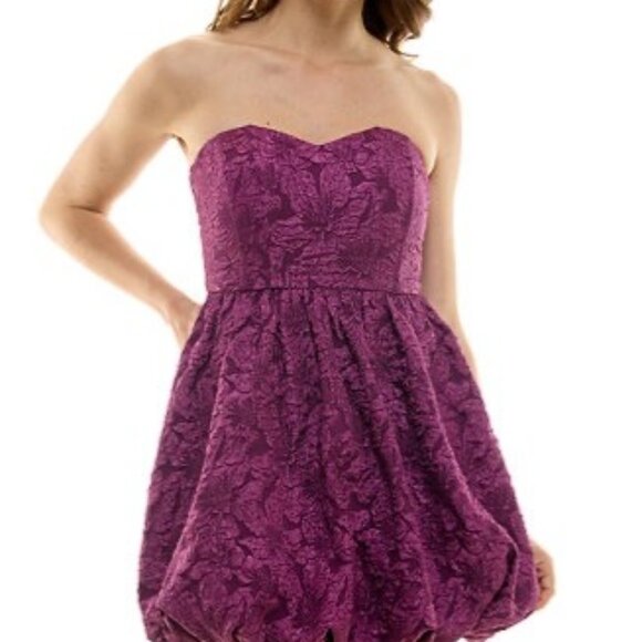 BCX Womens Strapless Textured Bubble Hem Mini Dress Floral Embossed Size L Plum - Picture 3 of 7